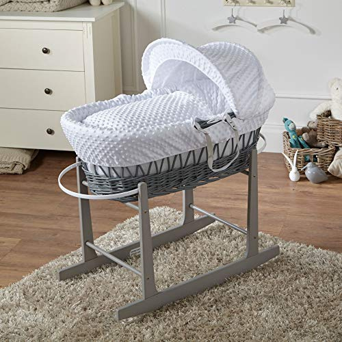 For Your Little One Grey Wicker Moses Basket – White Dimple Bedding | Newborn Baby Bassinet with Hood & Mattress | Portable Baby Bed for Infant Sleep