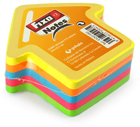 Fixo Notes - Notas Adhesivas Forma de Flecha, Bloc con 5 Colores Neón, 66x67mm, 50 Hojas, Certificado FSC, Perfecto Material de Oficina para Mejorar tu Productividad