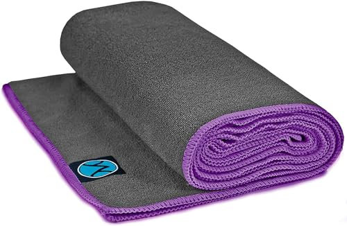 Youphoria Yoga Microfiber Non-Slip Towel - Hot Yoga Mat Towel for Enhanced Grip and Sweat Absorption - Gray with Purple Stitching