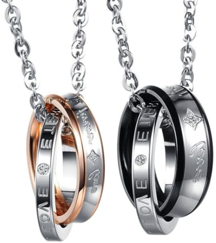OIDEA - Colgante de acero inoxidable para hombre, mujer, 2 colgantes de anillo de amistad – Collar de amor con 2 cadenas para parejas – con bolsa de regalo, Acero inoxidable, sin piedra