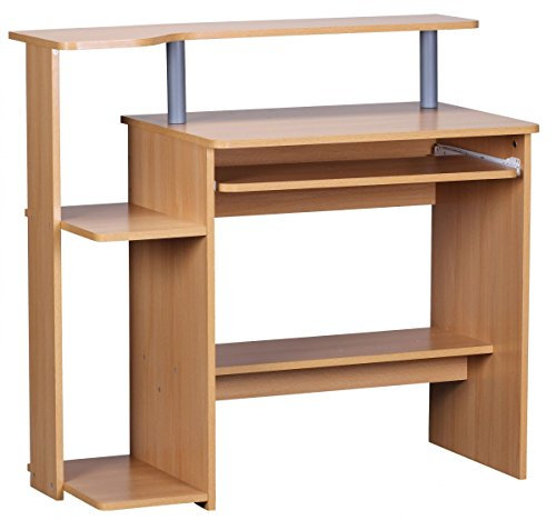 WOHNLING escritorio de la computadora DENNIS Beech 94 x 90 x 48 cm con bandeja para teclado | mesa de ordenador portátil sin ruedas con la parte superior | mesa de PC con bandeja de la impresora para ahorrar espacio | Escritorio para espac