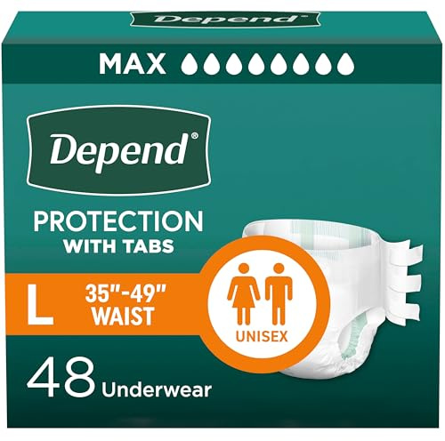 Depend Adult Diapers with Tabs, Incontinence Protection with Tabs, Unisex, Large (35–49 Waist, over 170 lbs), Maximum Absorbency, 48 Count (3 Packs of 16)
