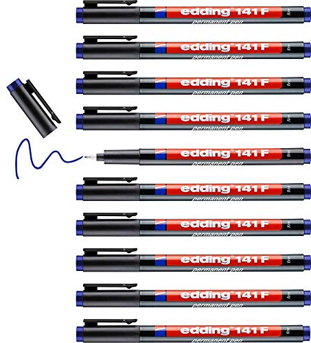 edding 141 F Feutre permanent - bleu - 10 stylos - pointe ronde,6 mm - stylo pour écrire sur du verre, du plastique, des films et surfaces lisses - à séchage rapide, résistant aux taches et étanche