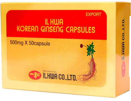 Ginseng Rouge de Corée, 500 mg, 50 Gélules | Panax Ginseng 100% Sans Additifs et Authentique Coréen | Énergie Physique et Mentale | Racines de 6 Ans d’âge, Absorption Maximale, Qualité Ilhwa