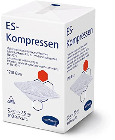 ES-KOMPRESSEN: Unsterile Mullkompressen zur Wundreinigung & Wundabdeckung, sowie zum Auftragen von Salben, 7,5 x 7,5 cm, 8-fach, 17-fädig, 100 St