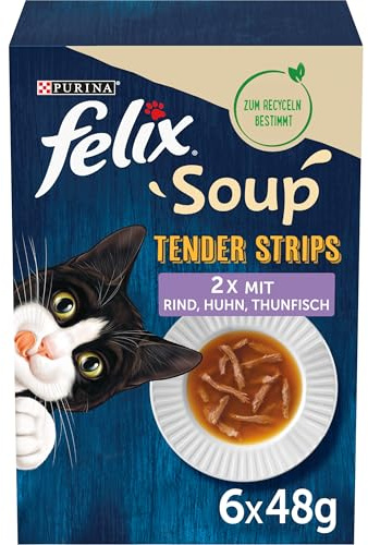 FELIX Soup Tender Strips, soppa för katter, 48-pack (8 x 6 x 48 g) | Kattsoppa, blandad variation
