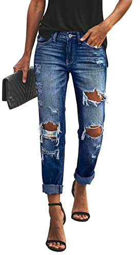 KUNMI Women's Ripped Mid Waisted Boyfriend Jeans Loose Fit Distressed Stretchy Denim Pants