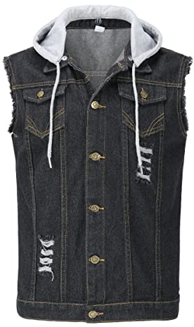 YOUTHUP Mens Denim Gilet with Hood Casual Vintage Ripped Outerwear Gilets Cowboy Sleeveless Jacket Vest