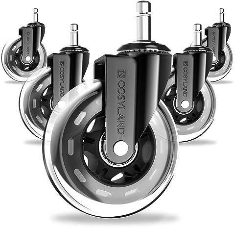 COSYLAND Ruedas Silla Oficina, 5 PCS 11x22 mm Ruedas Silla Gaming, Rotación de 360°, Silenciosas, con Capacidad Máxima de Carga de 295 kg, Adecuadas Para Suelos de Parqué, Alfombras y Suelos Duros