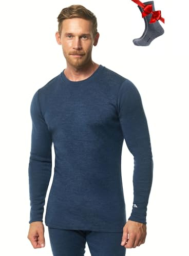 Merino.tech Maglia Termica Lana Merino Uomo - 100% Intimo Termico Lana Merino Uomo Leggero, Medio, Pesante con Calzini (320 Navy, Large)