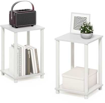 Furinno TURN-N-TUBE Side Table Set of 2, 2-Tier Stackable End Table with Open Shelf, Toolless Night Stand, Bedside Table, for Living Room, Bedroom, White