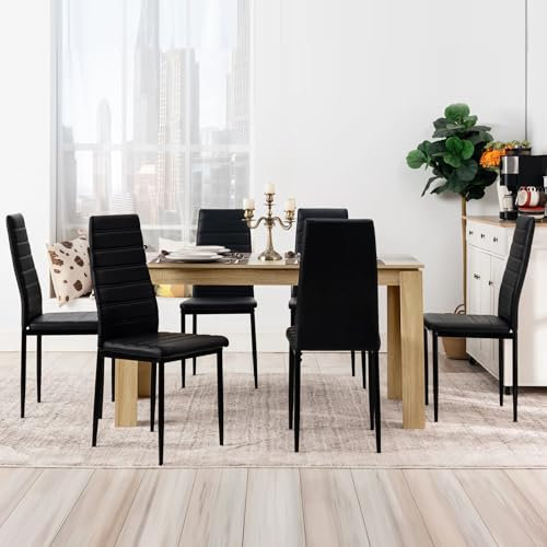 FURNITABLE Esstisch mit 6 Stühlen Esszimmergruppe, Essgruppe mit Hochlehner Kunstleder Stuhl für 6 Personen, Sitzgruppe für Küche Esszimmer Wohnzimmer(140 * 70 * 75cm Tisch+6 Schwarz Stühle)