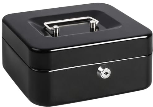 Jssmst Cash Box with Keys: 8 inch Money Box with Coin Tray - Lockable Money Tin for Petty Cash Coins Notes Lock Metal Safe Box with 2 Keys, Black