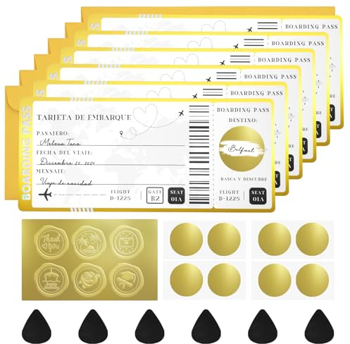 6 Tarjetas de raspado de boletos de viaje con sobres, tarjeta de embarque de raspado personalizada, empaque de regalo de viaje único, boleto sorpresa de raspado y revelación para cumpleaños, novias