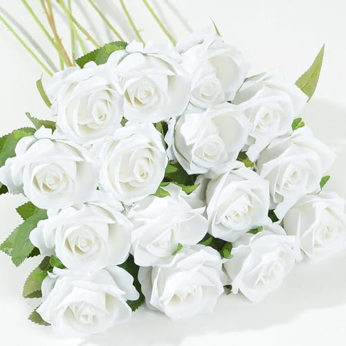 Artificial Silk Rose Flowers, 15 Pcs Fake Roses with Long Stems White Artificial Flowers for DIY Wedding Bouquet Table Centerpiece Home Party Decor (15, White)