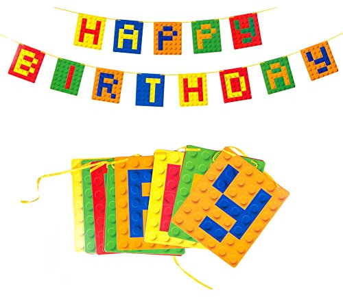 Bausteine - Geburtstagsgirlande - Happy Birthday Girlande für Kindergeburtstag, Party Deko für Jungen und Mädchen, Geburtstagsdeko, Geburtstagsparty Banner Wimpelkette