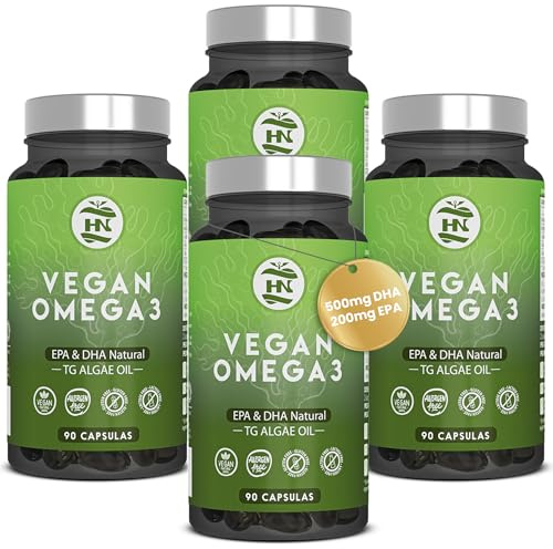 Omega 3 Vegano de Algas (90 Caps) Omega-3 Aceite de Algas equilibrado con DHA y EPA, Omega3 Algas Marinas con Vitamina E, Ideal para Cerebro y Corazón, Suplemento para Veganos-Vegetarianos (4 Botes)