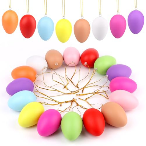 TOSAVGA 24 Stück Ostereier zum Aufhängen, Bunte Ostereier Plastik mit Schnur, 6 x 4CM Plastikeier Osterdeko, Ostereier Deko zum Hängen, Kunststoffeier Dekorieren für Draußen, Oster Plastik Eier