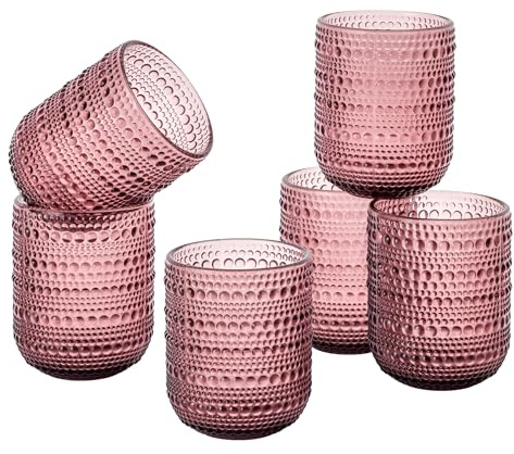 Baroni Home Set 6 pz di Bicchieri in Vetro Colorati e Decorati con Rifiniture in Rilievo 30 CL, Bicchieri Eleganti Lavabili in Lavastoviglie, 8x8x10 cm, Rosa