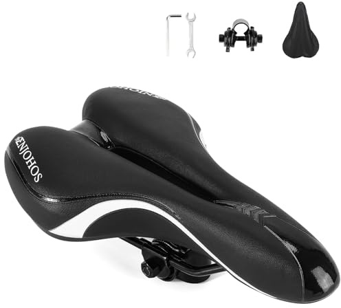 ENJOHOS Selle de Vélo VTT Ergonomique, Respirant Creux Selle VTT Confort Homme Femme Étanche PU, Selles de Velo Ultra Confortable pour Vélo de Montagne/Route/Loisir/Pliant/Gravel (Noir-Blanc)
