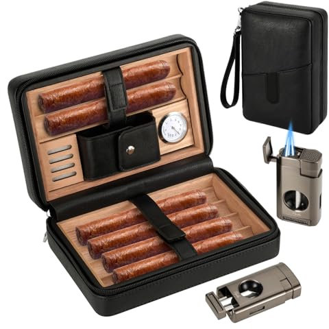Cave à cigares de voyage en cuir doublé de bois de cèdre, capacité de 6 cigares, hygromètre et humidificateur intégrés, trousse de voyage portable (sans cigares), Noir/blanc, Portable
