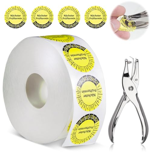ueslwser 1000 targhette di prova 2025-2030 30 mm con 1 pinza perforatrice per targa, successiva data di prova, colore giallo
