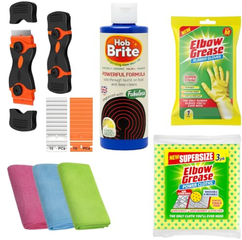 Complete Hob & Kitchen Cleaning Kit – Hob Brite Cleaner, Elbow Grease Cloths (3pk), Precision Scraper with Interchangeable Edges, 3 Microfibre Cloths & Gloves – Non-Scratch, Induction & Ceramic Safe