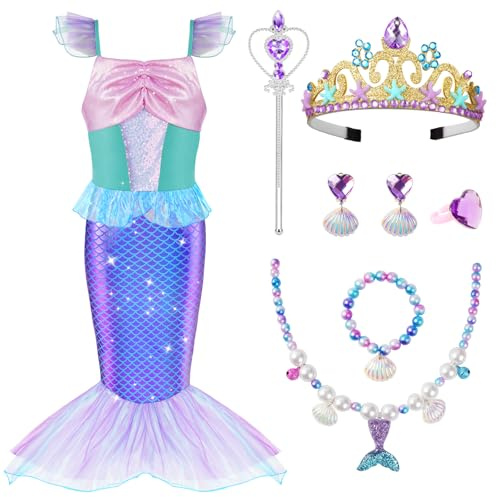 AOOWU Sjöjungfru flicka kostym, 7 st tecknad sjöjungfruprinsessa, prinsessklänning med bete halsband örhängen tillbehör, halloween cosplay födelsedag karneval fest