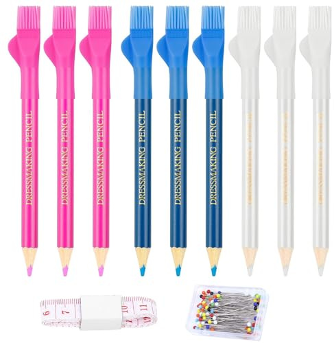 9 Tailors Fabric Pencils White Blue Pink, 100 Ceramic Head Pins and 1 Measuring Tape(150m), Water Soluble Fabric Markers Sewing Accessories Tools for Quilting, Tracing Dressmakers& DIY Crafts ﻿