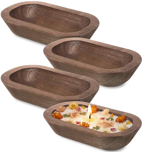 Lyksgir 4 Pcs Wooden Dough Bowls, Table Centerpiece for Candle Making, Rustic Vintage Carved Pine Wood Candles Decoration Bowls, 10×6×2inch, for Home Decoration DIY Crafts, Brown