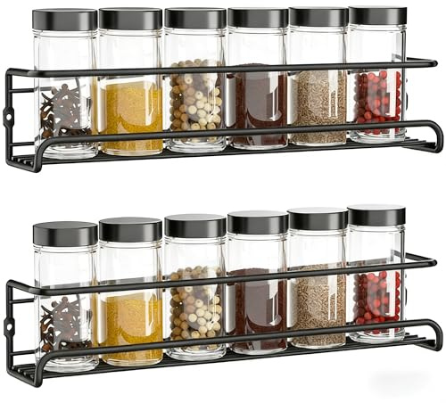 Bitone Spice Racks Organiser,2 Tier Hanging Stainless Steel Spice Racks Wall Mounted,with Adhesive Stickers and Screws Kitchen Pantry Shelf for Spices and Condiments, Jars (Black)