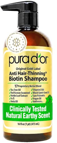 PURA D'OR Original Gold Label Anti-Thinning Shampoo - CLINICALLY TESTED – Natural Earthy Scent - Biotin & Argan Oil – Sulfate-Free Strengthening & Volumizing for Fuller-Looking Hair, Men & Women 16 oz