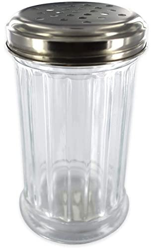 Fackelmann 46883 Saupoudreuse à sucre glace ou parmesan, saupoudreuse, saupoudreuse pour risotto parmesan, Verre, Acier inoxydable, 13,5 x 7,5 x 7,5 cm