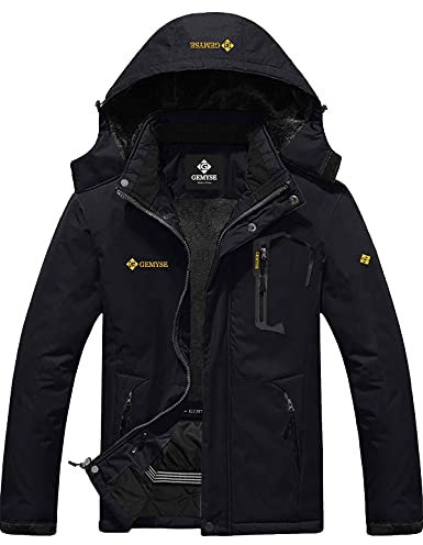 GEMYSE Herren Warme Skijacke Berg Winddicht Wasserdicht Atmungsaktiv Multi-Pocket Outdoor-Winterjacke mit Kapuze,Schwarz,2XL