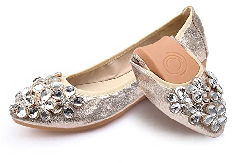 Aoikoy Women's Ballet Flats Foldable Casual Sparkly Rhinestone Wedding Ballerina Shoes Comfort Slip on Walking Flat Shoes, A1 Gold, 9.5 UK