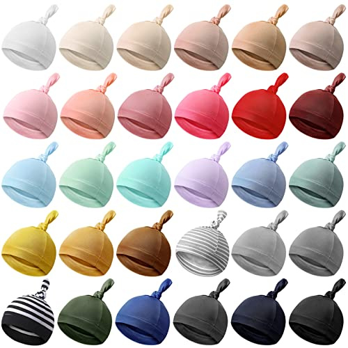 Bonuci 30 Pack Newborn Baby Hats Bulk Knot Beanie Hats Soft for Infant Baby Boys Girls Caps 0-6 Months, Multicolored