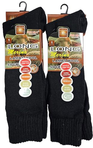 ShopMCR Mens Extra Longer Length Merino Lamb’s Wool Thermal Socks, Thick Warm Wool Rich Knee High Fisherman, Winter Boot Socks UK 6-11(Black, 2 Pair)