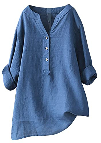 Blusa Lino Donna Camicetta Cotone e Lino Maglietta Lunga Donna Estive Oversize da Donna Causal Taglie Forti Camicia Tinta Unita Scollo a V Leggera Traspirante