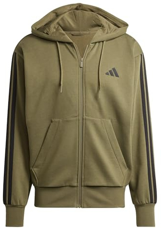 adidas herr Essential Three Stripes Fleece Zipper Hoodie Sweatshirt, olive strata/black, XXL