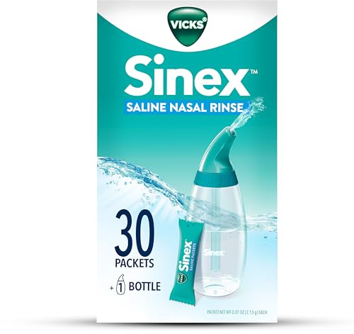 Vicks Sinex Saline Nasal Rinse Starter Kit, Drug Free Saline, Flush Out Mucus and Allergens, Fast & Effective Relief for Everyday Congestion from Sinus & Allergy, 1 Bottle + 30 Refill Packets