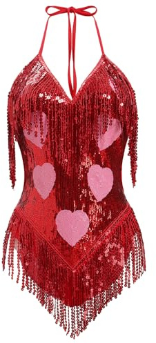 EFOGEP Women's Music Festival Bodysuit: Sexy Halter V Neck Star Sequins Fringe Carnival Rave Outfit Dance Leotard Party Nightclub Halloween Costume Red L