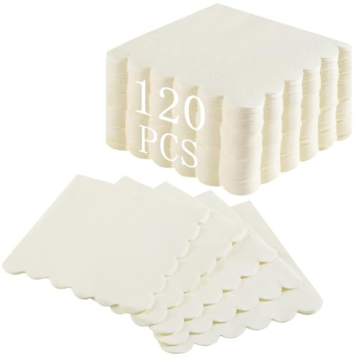NatNarr 120 tovaglioli da cocktail color avorio smerlato beige tovaglioli usa e getta crema dessert bevande tovaglioli per matrimoni, baby shower, addio al nubilato, compleanno