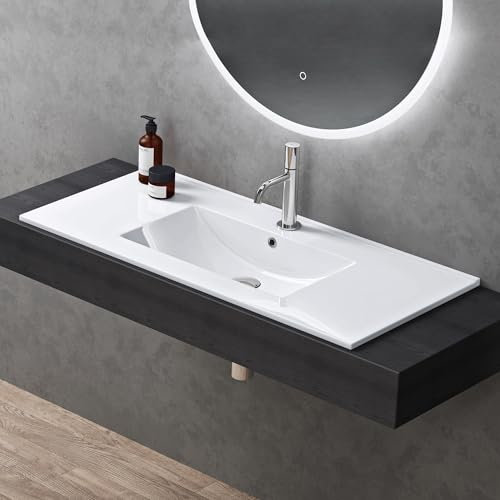 doporro Lavabo à Encastrer Blanc Vasque en Céramique Lave Mains Rectangulaire de Qualité pour Salle de Bain 101x47x18cm Brüssel912