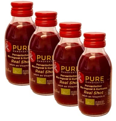Pure Shot Bio-Rote Beete-Traube-Ingwer-Kurkuma. Vegan. OHNE Zucker KEINE Zusatzstoffe 100% Bio (DE-ÖKO-005), 4x100 ml