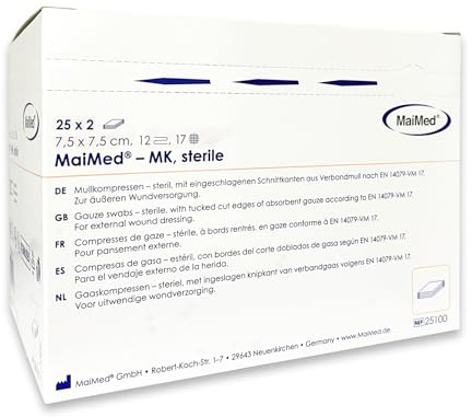 Sterile Kompressen 7,5x7,5 cm – 50 Stück Mullkompressen 12-lagig, fusselfrei – Mulltupfer steril & Wundauflagen nicht haftend für Verband & Pflege