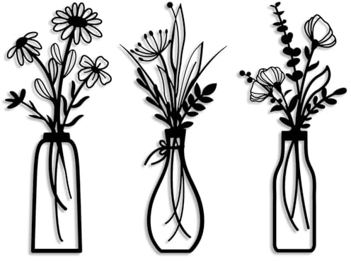 3 Piezas Decoración de Pared en Metal Negro, Adornos Metálicos Minimalistas con Flores y Jarrones, Arte Mural Metálico para Salón, Dormitorio, Comedor, Decoración Moderna para el Hogar y Oficina