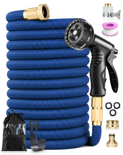 Expandable Garden Hose Pipe 100FT/30M, 10 Function Nozzle, 4-Layer Latex, 3/4 & 1/2 Brass Fittings, Durable 3750D Fabric, Easy Storage and Leak-Resistant Design for Gardening, Car Cleaning, Blue