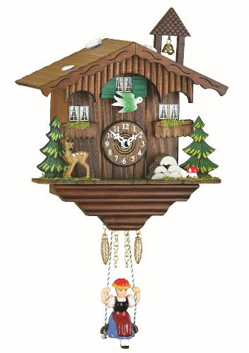 ISDD Kuckulino Black Forest TU 2001 SQ - Orologio a cucù in miniatura con movimento al quarzo e chiamata del cucù Caccia svizzera, colore noce, batteria inclusa