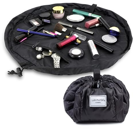 Lay-n-Go Cosmo Layflat Drawstring Cosmetic & Makeup Bag Organizer - Portable Drawstring Bag w/Zipper Pocket, Makeup Loops & More - Durable, Machine Washable Toiletry Bag for Travel (20, Black)