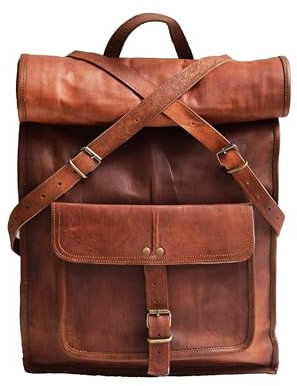 23 Brown Leather Backpack Vintage Rucksack Laptop Bag Water Resistant Roll Top College Bookbag Comfortable Lightweight Travel Hiking/Picnic for Men